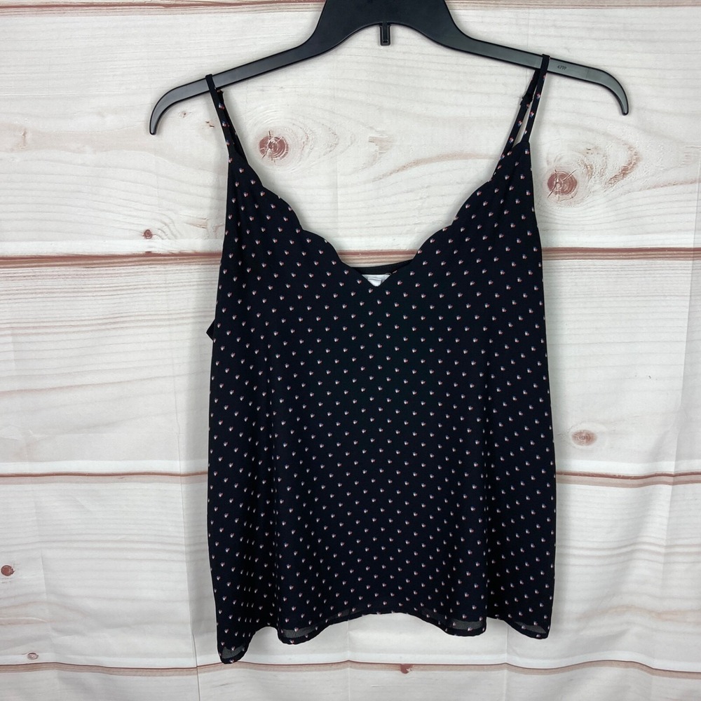 Socialite Top Womens L Black Scallop Trim Tank Cami V-Neck Spaghetti Strap Woven